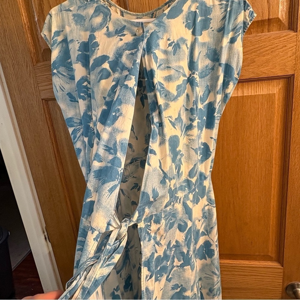 Vtg Ken Back Wrap House Coat Duster Dress Tie Behind Open Blue Floral Women’s S - Picture 3 of 6